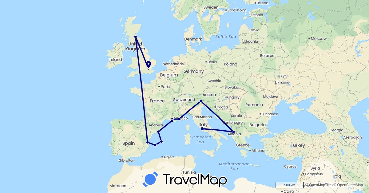 TravelMap itinerary: driving in Albania, Spain, France, United Kingdom, Italy (Europe)